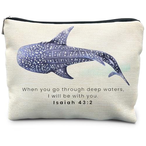 RYYCDOI Whale Shark Christian Makeup Bag Pouch, Christian Shark Gifts for Women, Bible Verse Gifts Isaiah 43:2, When you go through deep waters I will be with you - Image 1