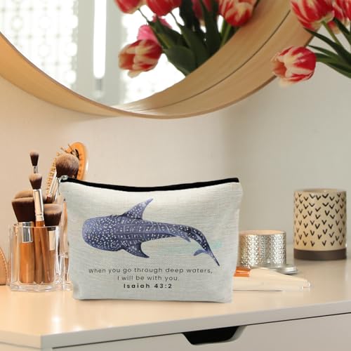 RYYCDOI Whale Shark Christian Makeup Bag Pouch, Christian Shark Gifts for Women, Bible Verse Gifts Isaiah 43:2, When you go through deep waters I will be with you - Image 2