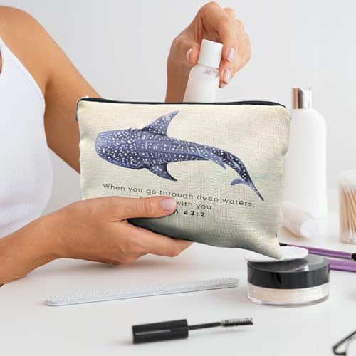 RYYCDOI Whale Shark Christian Makeup Bag Pouch, Christian Shark Gifts for Women, Bible Verse Gifts Isaiah 43:2, When you go through deep waters I will be with you - Image 4