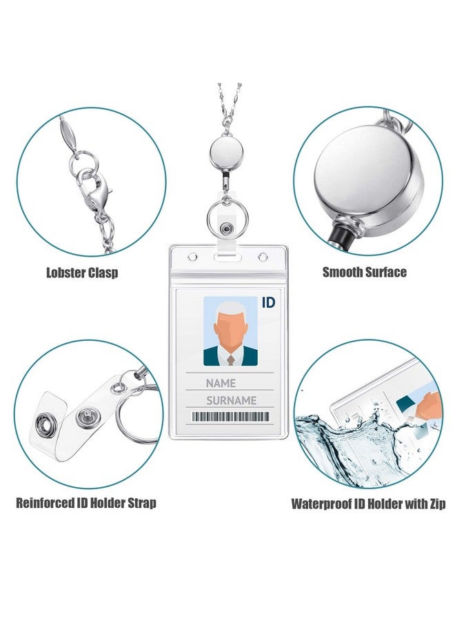 Zonon Retractable Badge Reel Lanyard With Id Holder For Women Fashion Cruise Lanyard Stainless Steel Necklace With 3 Pieces Name Badge Holder Clip (Silver)  - Image 3