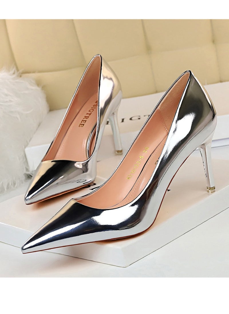 BIGTREE 7.5CM Stylish Metal Heels With High Heels And Pointy Pumps Silver  - Image 1