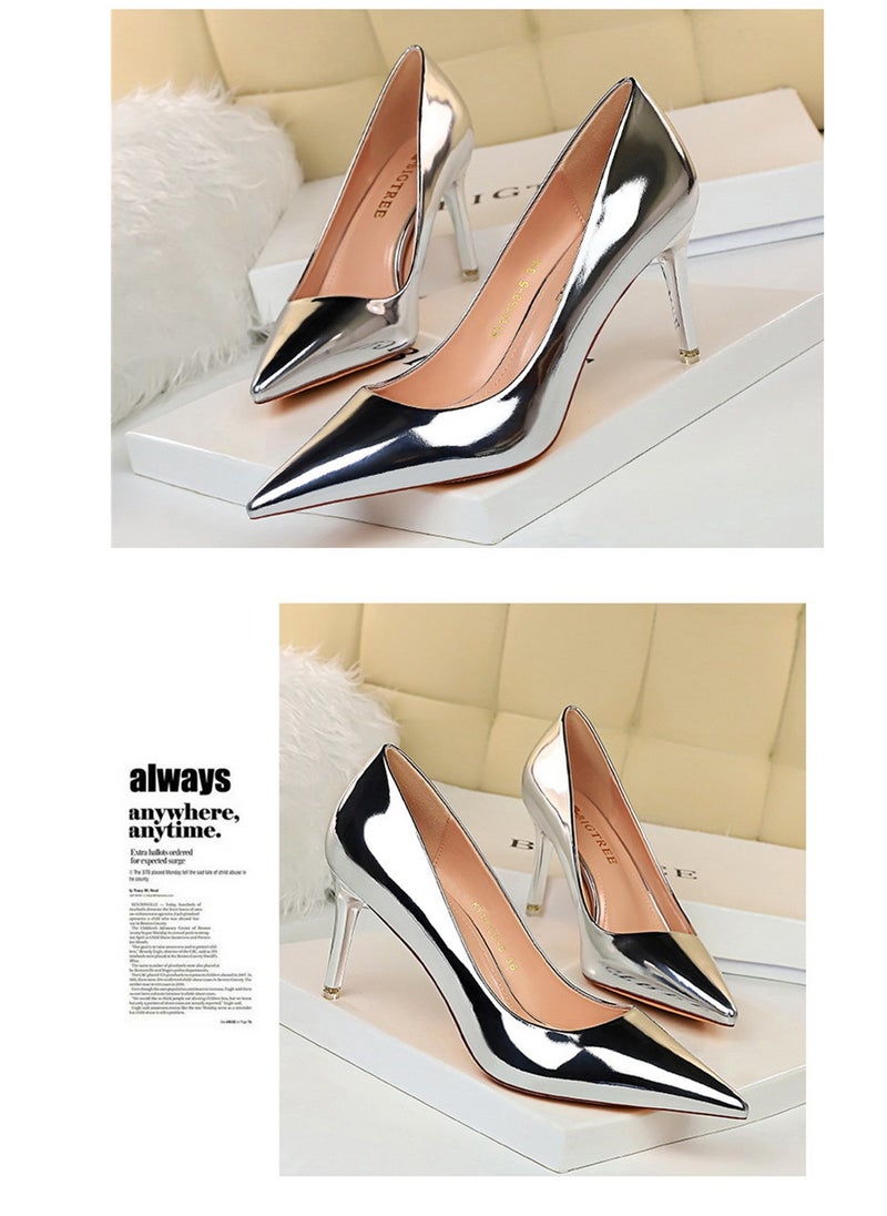 BIGTREE 7.5CM Stylish Metal Heels With High Heels And Pointy Pumps Silver  - Image 2