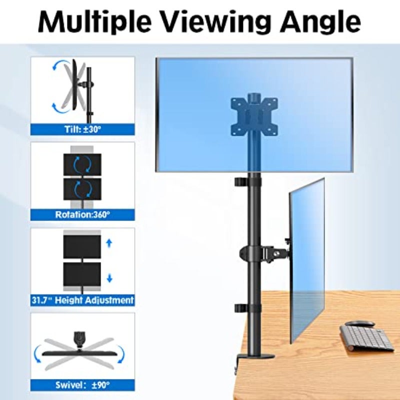 Dual Monitor Stand Stacked Vertical Stacked Monitor Mount for 2 Max 32 inch Screens Computer Monitor Desk Mount with Height Adjustable Swivel Tilt VESA Bracket with C-Clamp Grommet Base - Image 3