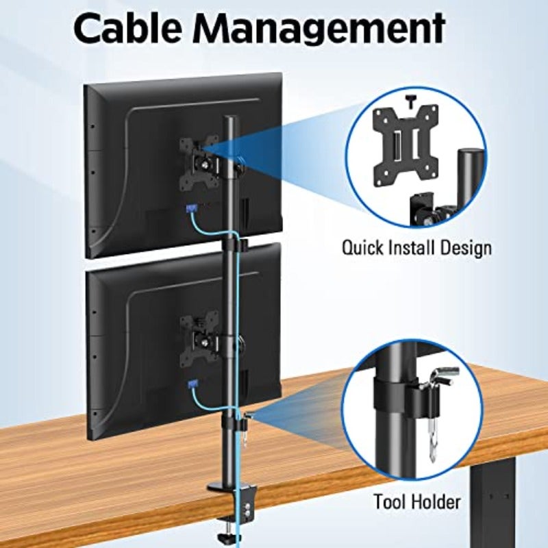 Dual Monitor Stand Stacked Vertical Stacked Monitor Mount for 2 Max 32 inch Screens Computer Monitor Desk Mount with Height Adjustable Swivel Tilt VESA Bracket with C-Clamp Grommet Base - Image 5