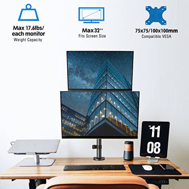 Dual Monitor Stand Stacked Vertical Stacked Monitor Mount for 2 Max 32 inch Screens Computer Monitor Desk Mount with Height Adjustable Swivel Tilt VESA Bracket with C-Clamp Grommet Base - Image 2