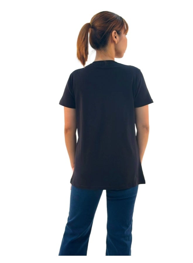 JOANNA تي شيرت نسائي من جوانا W203012 مزين بطبعة فراشة بياقة دائرية وأكمام قصيرة - أسود - L - Image 3