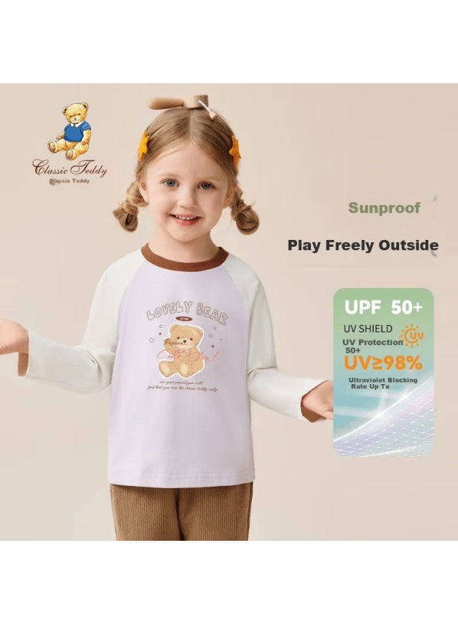 Classic Teddy Kids Long Sleeve T-shirt Uni Round Neck Antibacterial Quick-dry Sun Protection Spring Top Pink Purple Size 90