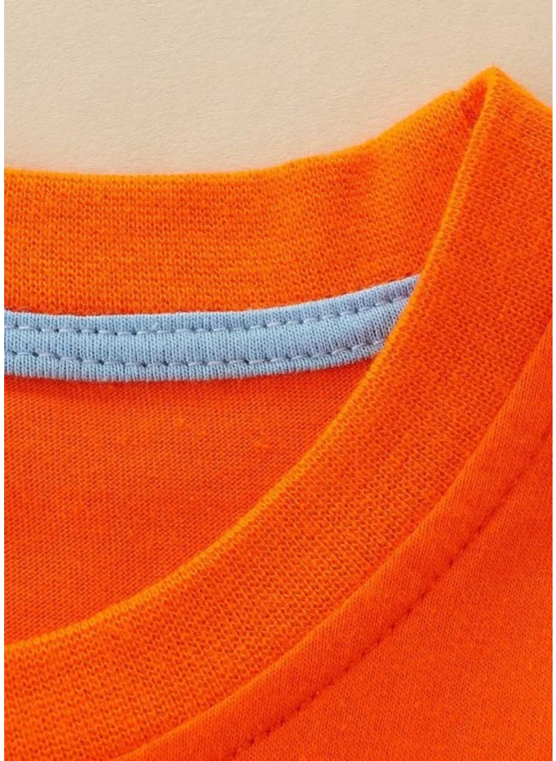 يونيكي Orange Printed Solid Round Neck Cotton T-shirt