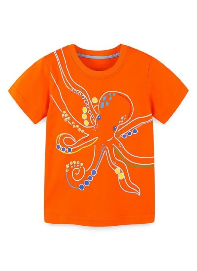 يونيكي Orange Printed Solid Round Neck Cotton T-shirt