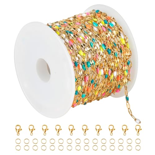 UMAOKANG 16.4ft/5m Gold Plated Stainless Steel Chains Bulk Mixed Color Enamel Bead Chain Spool for Jewelry Making with Jump Rings and Lobster Clasps - Image 1