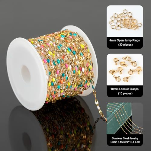 UMAOKANG 16.4ft/5m Gold Plated Stainless Steel Chains Bulk Mixed Color Enamel Bead Chain Spool for Jewelry Making with Jump Rings and Lobster Clasps - Image 2