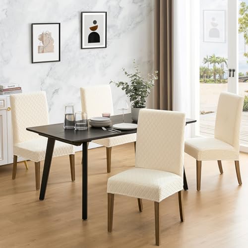 MOSAYT 100% Waterproof Dining Room Chair Covers Set of 4, Super Fit Stretch Jacquard Parson Chairs Slipcovers Removable Washable Chair Seat Protectors for Home, Kitchen, Banquet (Beige) - Image 2