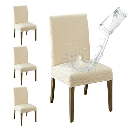 MOSAYT 100% Waterproof Dining Room Chair Covers Set of 4, Super Fit Stretch Jacquard Parson Chairs Slipcovers Removable Washable Chair Seat Protectors for Home, Kitchen, Banquet (Beige) - Image 1