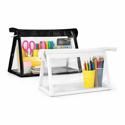 AQBAH Pencil Case Polyurethane Large Capacity Big Pencil Pouch for Girls & Boys, Transparent Pen Bag Organizer for School, Multi-Purpose Stationary (2, White - Black) - Image 1