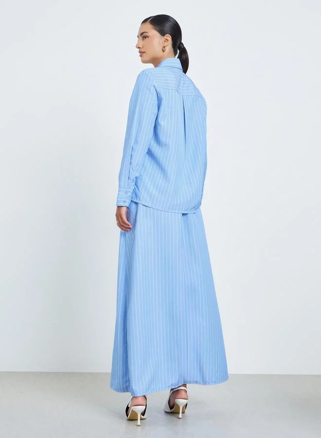 Styli  Striped Long Sleeve Shirt and A-Line Maxi Skirt Co-Ords for Women | Best Price UAE