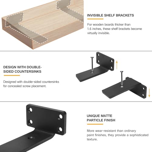 HITOMEN Heavy Duty Floating Shelf Brackets, 4-Inch (1/5'' Thick) Hidden Shelves Hardware, Iron L Brackets, Rustic Industrial Black Metal Wall Shelving Supports, 4 Pack - Image 2