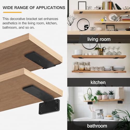 HITOMEN Heavy Duty Floating Shelf Brackets, 4-Inch (1/5'' Thick) Hidden Shelves Hardware, Iron L Brackets, Rustic Industrial Black Metal Wall Shelving Supports, 4 Pack - Image 4