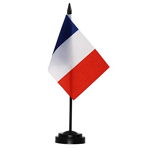 Anley France Deluxe Desk Flag Set - 6 x 4 Inch Miniature French Desktop Flag with 12" Solid Pole - Vivid Color and Fade Resistant - Black Base and Spear Top - Image 1