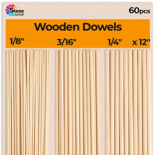 StesoSHOP Wooden Dowel Rods for Craft - 60 pcs Round Wood Dowels 12 inch in Varying Sizes - 1/8, 3/16, 1/4 - Different Rods - Craft Sticks Round Dowels… - Image 1