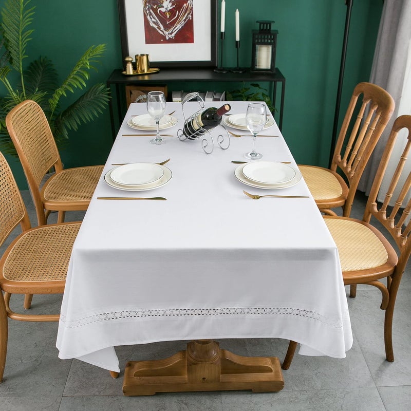EHouseHome Heavy Duty Fabric Tablecloth with White Lace-Waterproof/Wrinkle Free/Stain Resistant/Oil Proof-for Dining,Indoor&Outdoor,Wedding,Holiday,White,Rectangle 60x120Inch - Image 3