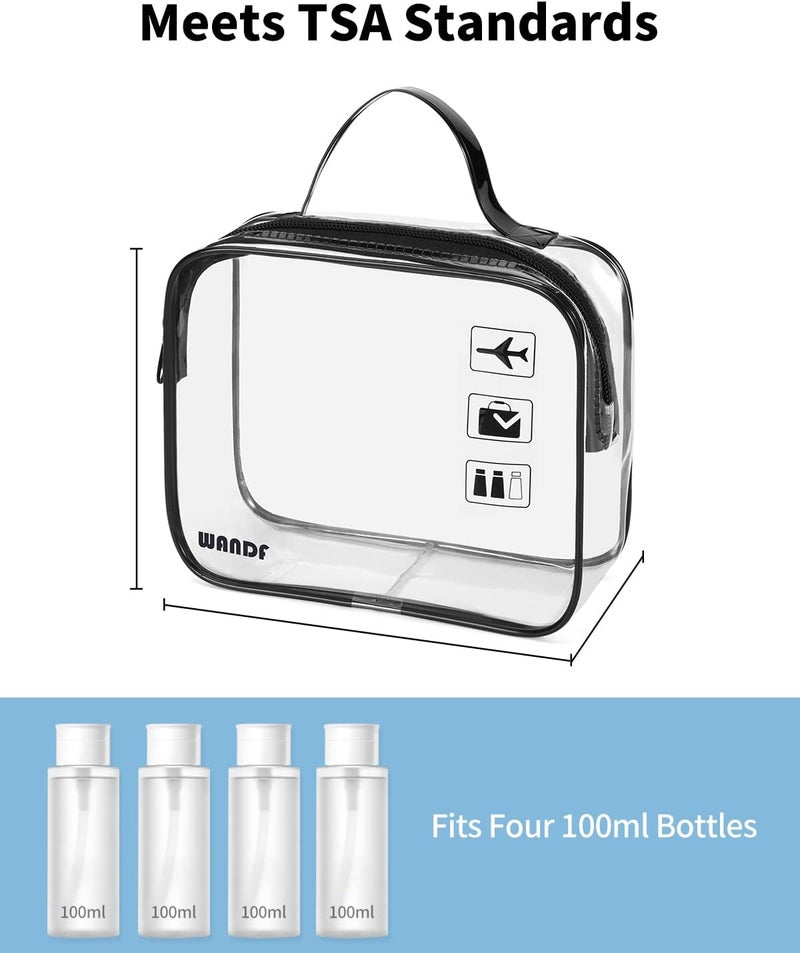 WANDF TSA Approved Toiletry Bag, 2 Packs Travel Clear Toiletry Bag, Quart Size Makeup Cosmetic Pouch with Zipper, Carry-On Airport Compliant Bag for Women and Men (2 pcs, Black with Handle) - Image 3