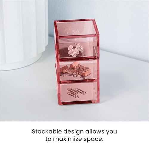 OfficeGoods 3-Tier Stackable Acrylic Holder- Stylish Desk Organizer and Storage for Office or Home – Transparent Square Design, Pink with Silver Metal Base - Image 4