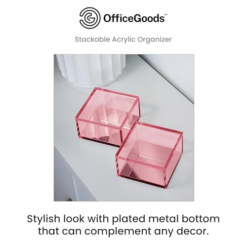 OfficeGoods 3-Tier Stackable Acrylic Holder- Stylish Desk Organizer and Storage for Office or Home – Transparent Square Design, Pink with Silver Metal Base - Image 2