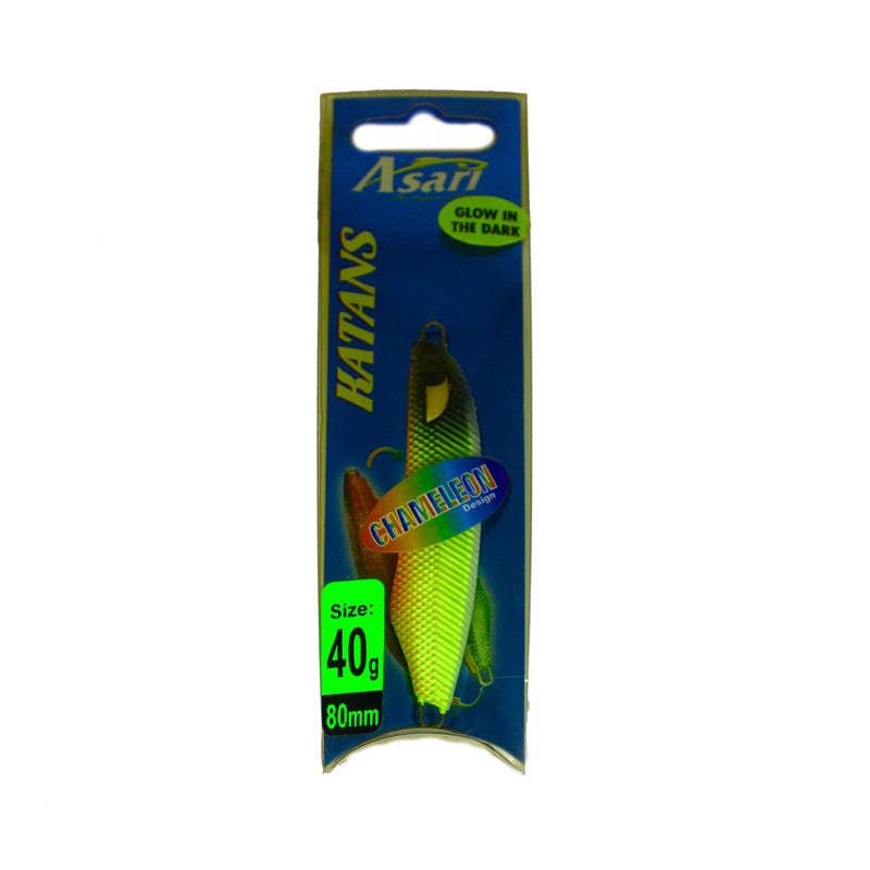 Asari Katans Metal Jig Fishing Lure, Blue, 40g, 80mm, Glow in the Dark, Chameleon Design, Realistic Fish Eye, Yellow, Orange with black accent. - Image 2