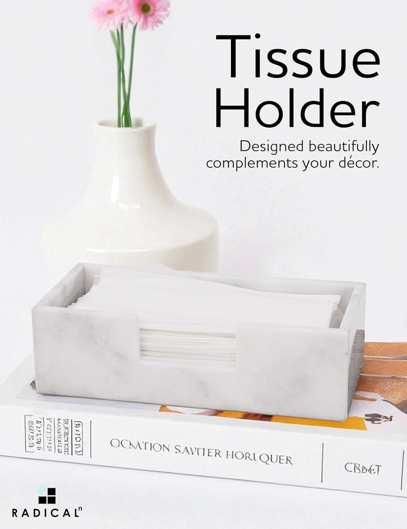 راديكالن غطاء صندوق مناديل من الرخام الأبيض المصنوع يدويًا بجودة عالية، مقاس 10×5 بوصة – حامل مناديل مستطيل لمكتب العمل وعتبة الحمام، منظم مناديل وجه، ديكور منزلي أنيق وحديث. - Image 3