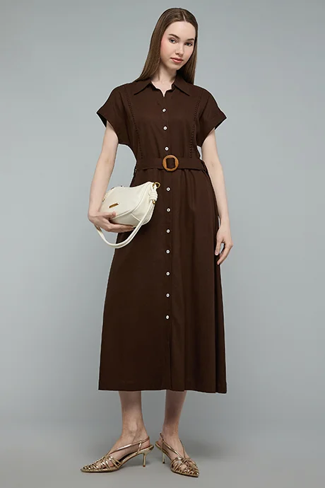 R&b Solid Shirt Dress with Belt Detail