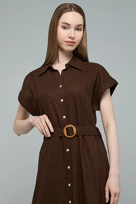 R&b Solid Shirt Dress with Belt Detail