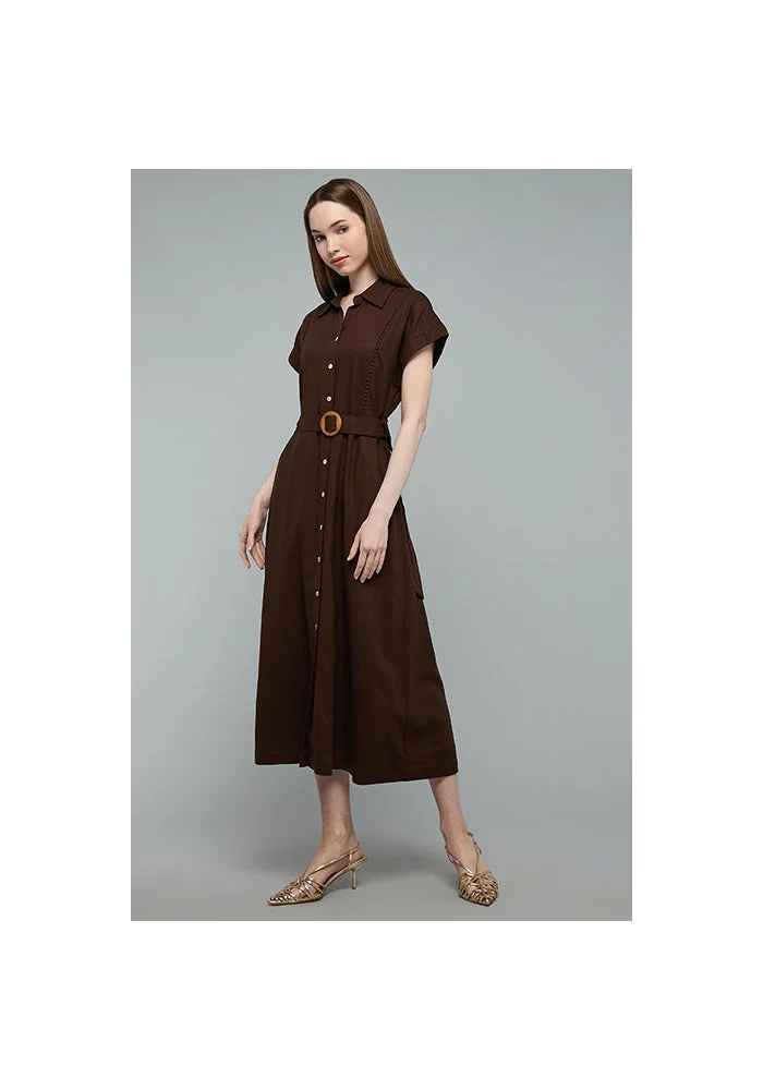 R&b  Solid Shirt Dress with Belt Detail for Women | Best Price UAE