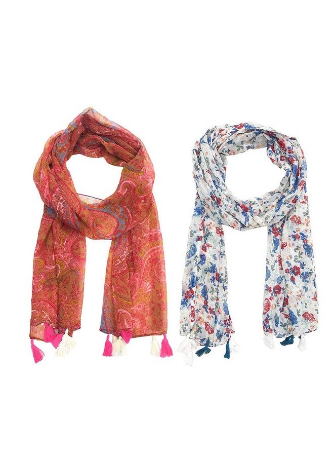 V3E شالات مطبوعة V3E للبنات والسيدات والنساء خفيفة الوزن وناعمة من قماش بولي قطن (متعدد الألوان، S04-(عبوة من 2)) - Image 1