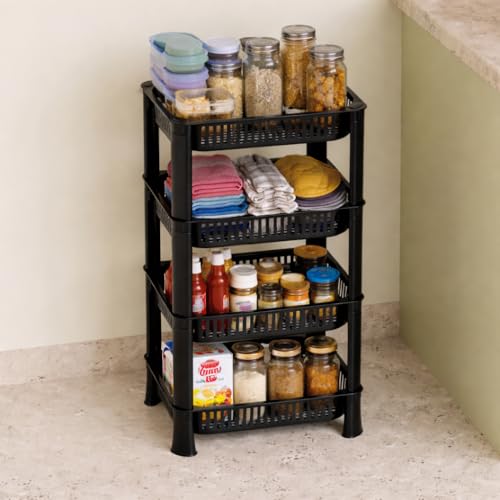Biltoxi Plastic Multipurpose Kitchen Storage Rack Basket & Organizer – Stackable Shelves for Onion, Potato, Vegetables, Fruits, Grocery & Household Items (4 Layer, Black) - Image 1
