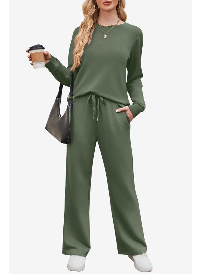 WIHOLL Lounge Sets for Women 2 Piece Travel Vacation Outfits Fall Sweatsuit Tracksuit, Green, XXL - Image 2
