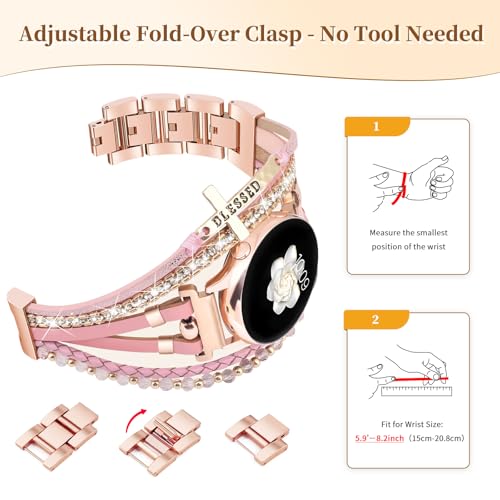 Fancywrist Boho Leather Bracelet for Samsung Galaxy Watch 8/7/6/5/4 Band 40 44mm Women, 20mm Cute Beaded Multilayer Strap for Galaxy Watch 8 Classic 6 4 Classic 43mm 47mm 42mm 46mm/Watch 5 Pro 45mm /Active2 - Image 3