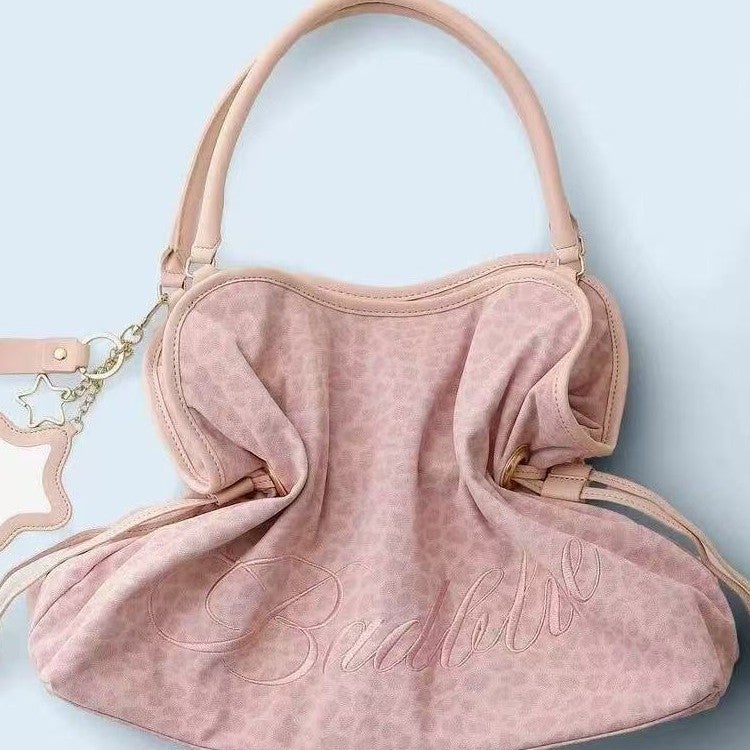 Women's Faux Leather Embroidered Leopard Star Polka Dot Large Capacity Shoulder Tote Bag with Mirror Pendant - Image 3