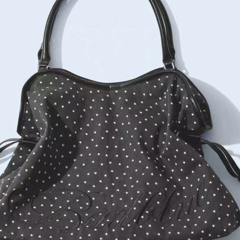 Women's Faux Leather Embroidered Leopard Star Polka Dot Large Capacity Shoulder Tote Bag with Mirror Pendant - Image 5