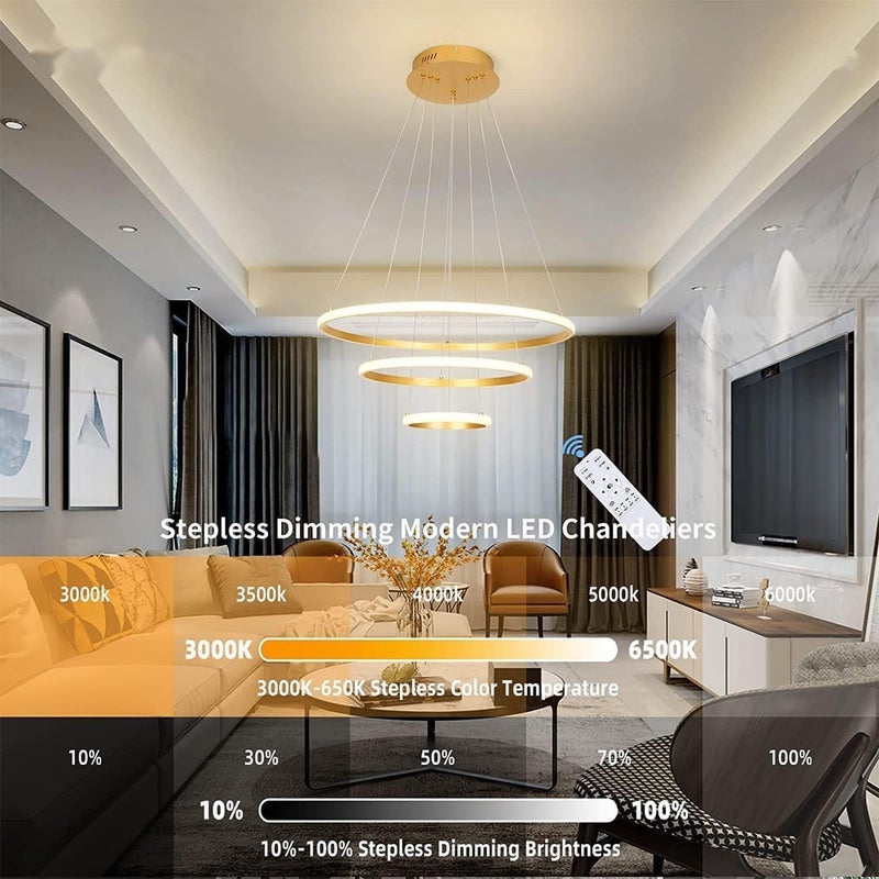 Modern LED Ring Chandelier Pendant Light – Adjustable Hanging Ceiling Lamp with Dimmable Circular Rings for Living Room, Dining Room, Bedroom, Foyer & Office (GOLD, 3 LAYER 60+40+20CM) - Image 3