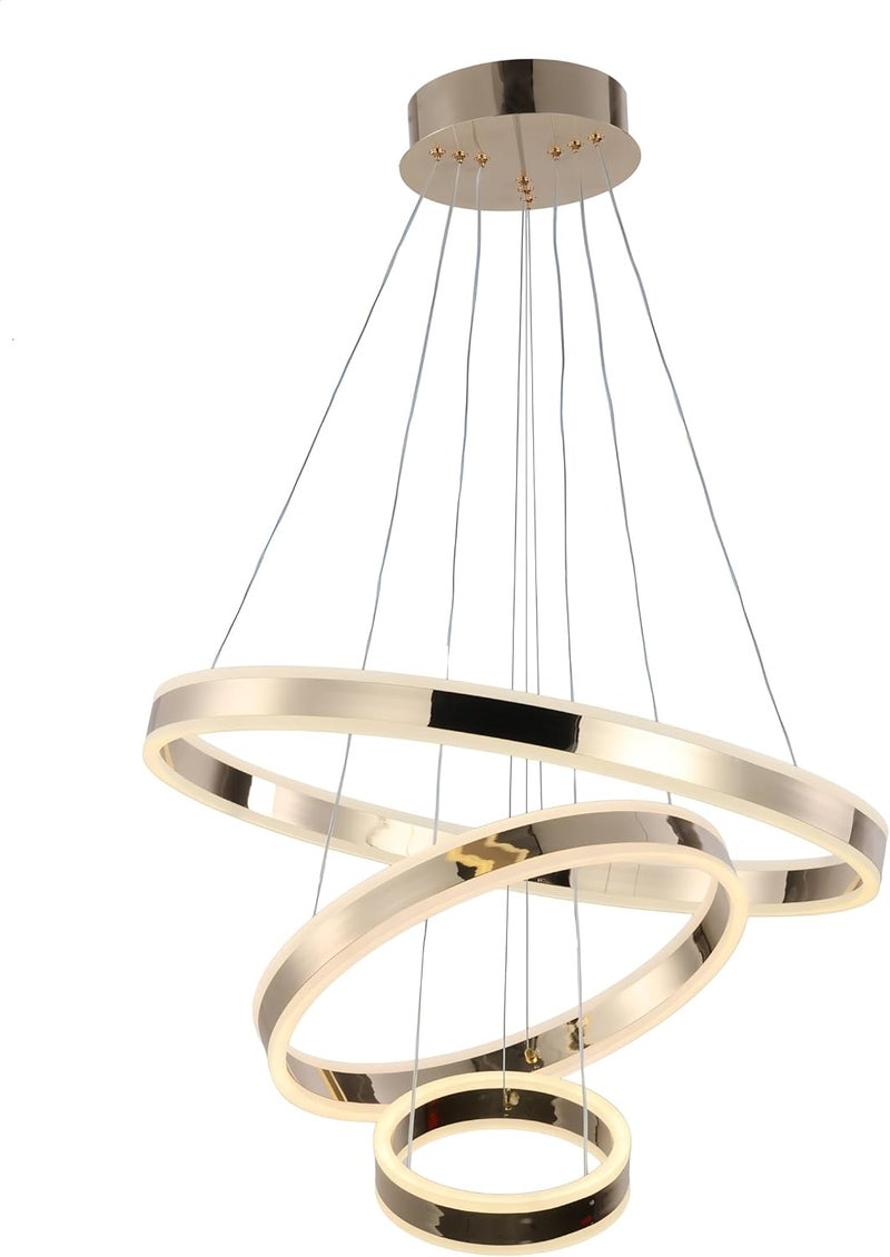 Modern LED Ring Chandelier Pendant Light – Adjustable Hanging Ceiling Lamp with Dimmable Circular Rings for Living Room, Dining Room, Bedroom, Foyer & Office (GOLD, 3 LAYER 60+40+20CM) - Image 1