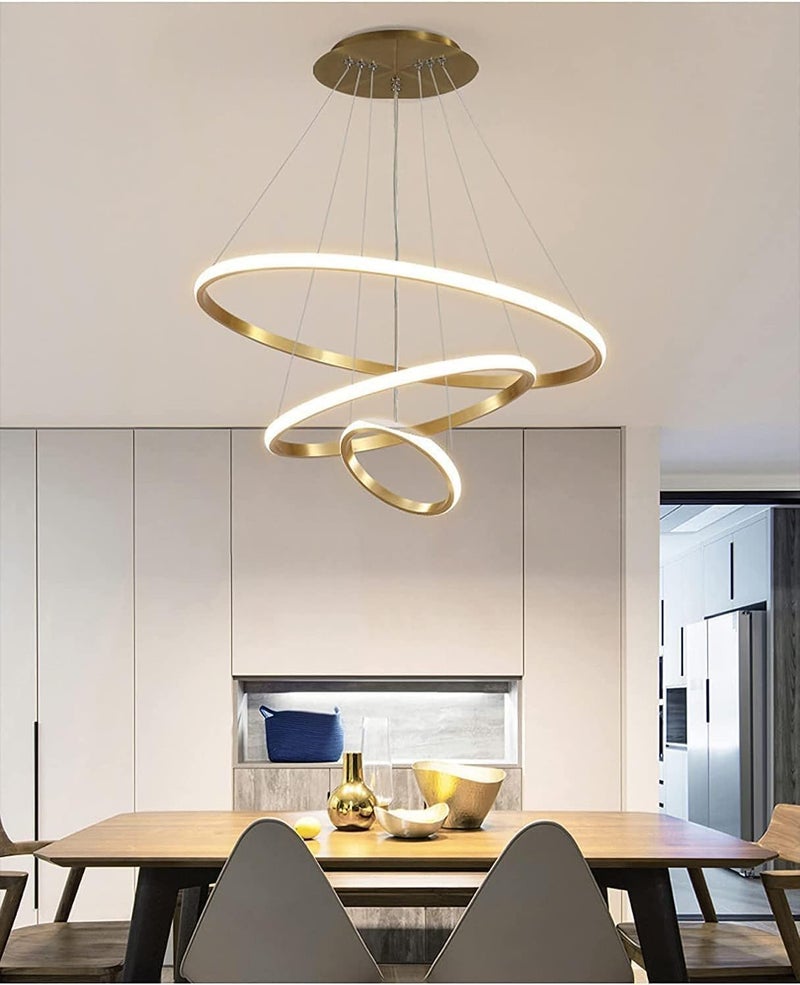 Modern LED Ring Chandelier Pendant Light – Adjustable Hanging Ceiling Lamp with Dimmable Circular Rings for Living Room, Dining Room, Bedroom, Foyer & Office (GOLD, 3 LAYER 60+40+20CM) - Image 2
