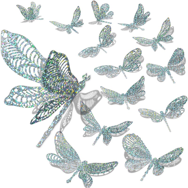 DELEMI 60 PCS 3D Silver Dragonfly Wall Decor 4 Styles 3 أحجام اليعسوب الكعكة عيد ميلاد حفلة استحمام الطفل ملصقات جدارية جدارية قزحية (Silver) - Image 1