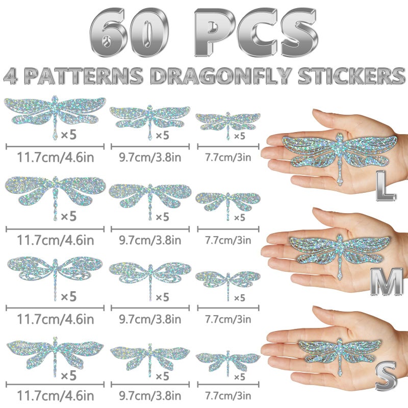DELEMI 60 PCS 3D Silver Dragonfly Wall Decor 4 Styles 3 أحجام اليعسوب الكعكة عيد ميلاد حفلة استحمام الطفل ملصقات جدارية جدارية قزحية (Silver) - Image 5