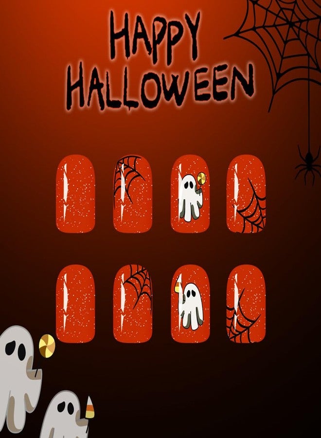 WAFOLOZE Halloween Press on Nails Short Square Pumpkin Color Girls Fake Nails with Spider Web Ghost A Little Glitter Cute Design, Artificial False Nails Press Ons Glue on Nails For Women - Image 4