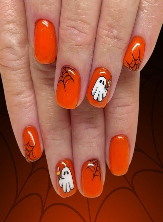 WAFOLOZE Halloween Press on Nails Short Square Pumpkin Color Girls Fake Nails with Spider Web Ghost A Little Glitter Cute Design, Artificial False Nails Press Ons Glue on Nails For Women - Image 1