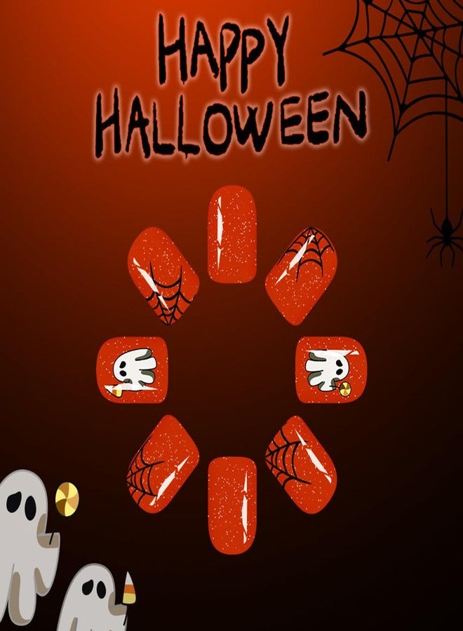 WAFOLOZE Halloween Press on Nails Short Square Pumpkin Color Girls Fake Nails with Spider Web Ghost A Little Glitter Cute Design, Artificial False Nails Press Ons Glue on Nails For Women - Image 3
