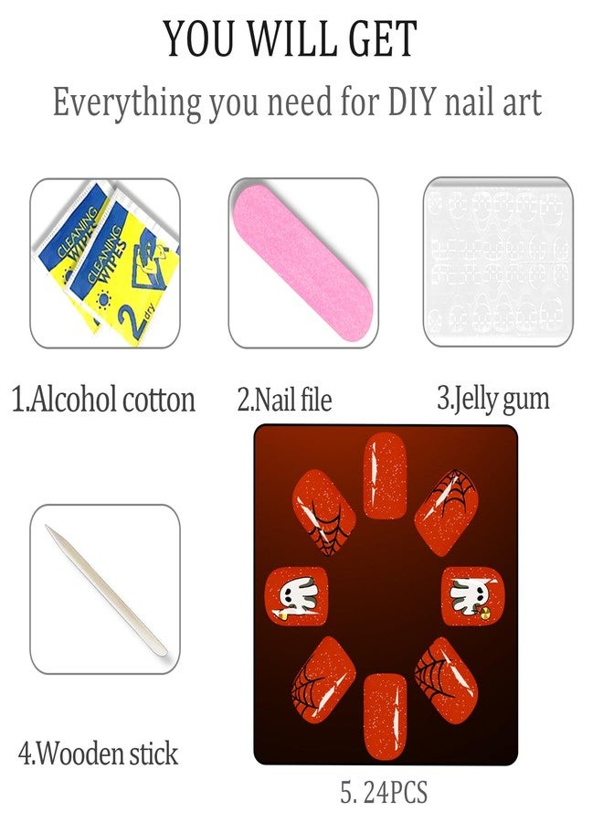 WAFOLOZE Halloween Press on Nails Short Square Pumpkin Color Girls Fake Nails with Spider Web Ghost A Little Glitter Cute Design, Artificial False Nails Press Ons Glue on Nails For Women - Image 5