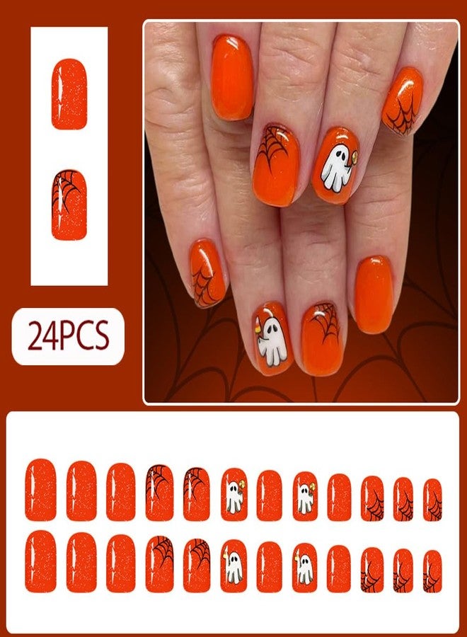 WAFOLOZE Halloween Press on Nails Short Square Pumpkin Color Girls Fake Nails with Spider Web Ghost A Little Glitter Cute Design, Artificial False Nails Press Ons Glue on Nails For Women - Image 2