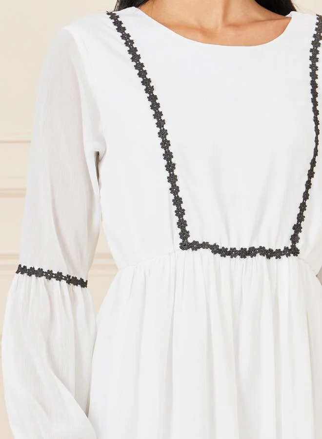 Styli Contrast Embroidered Long Sleeves Tiered Midi Dress