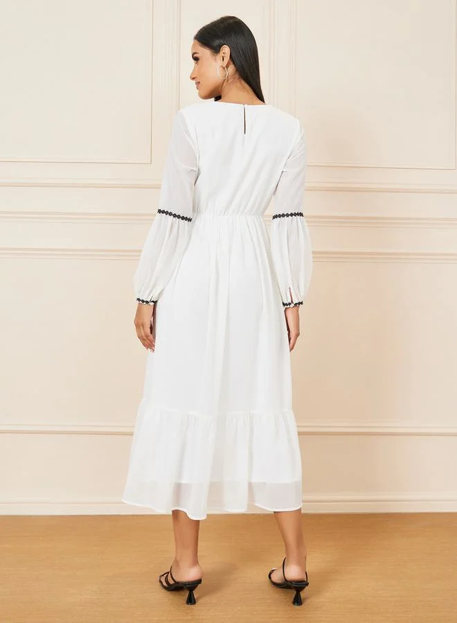 Styli Contrast Embroidered Long Sleeves Tiered Midi Dress